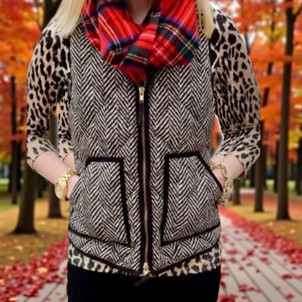 J. Crew Printed Quilted fall Puffer Herringbone Vest Gray Cream Pockets sz S